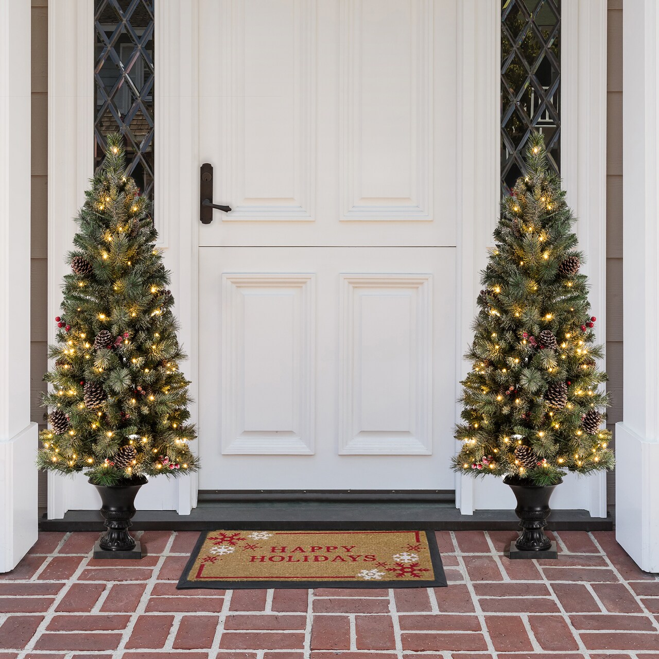 Set of 2/3 4ft/5ft/6ft Flocked Pinecone Christmas Potted Porch Tree With Warm White Lights